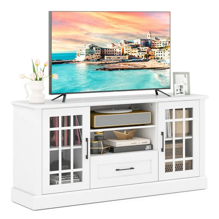TV Stand for TVs up to 70 with Glass Doors Cubbies and Drawer-White - White - Entertainment Centers & TV Stands