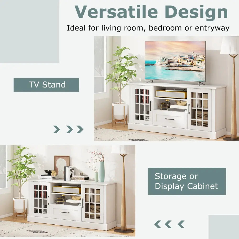 TV Stand for TVs up to 70 with Glass Doors Cubbies and Drawer-White - White - Entertainment Centers & TV Stands