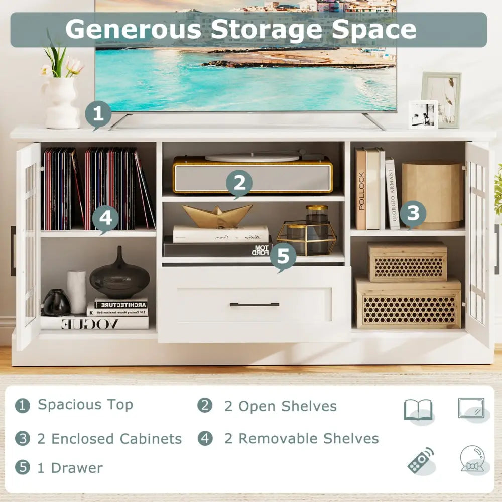 TV Stand for TVs up to 70 with Glass Doors Cubbies and Drawer-White - White - Entertainment Centers & TV Stands