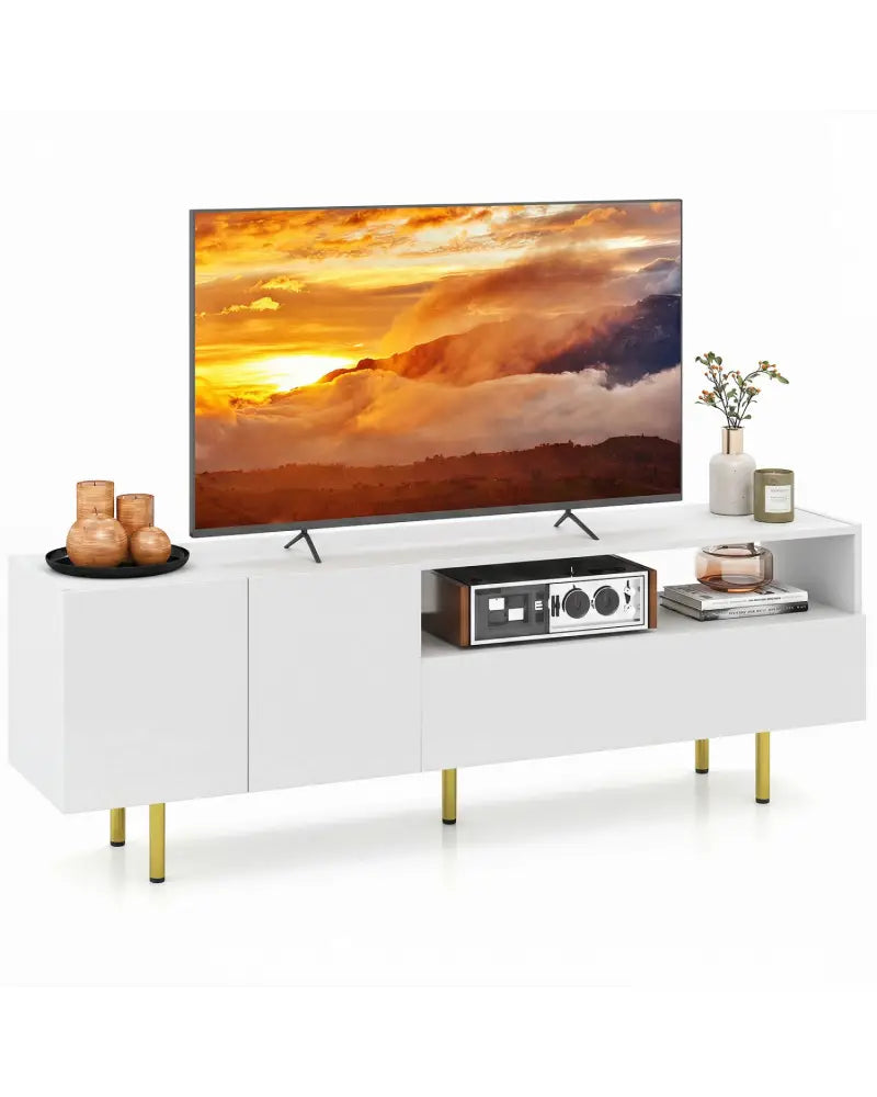 TV Stand for TVs up to 70’’ with Storage Cabinet and Raised Metal Legs-White - White - Entertainment Centers & TV Stands