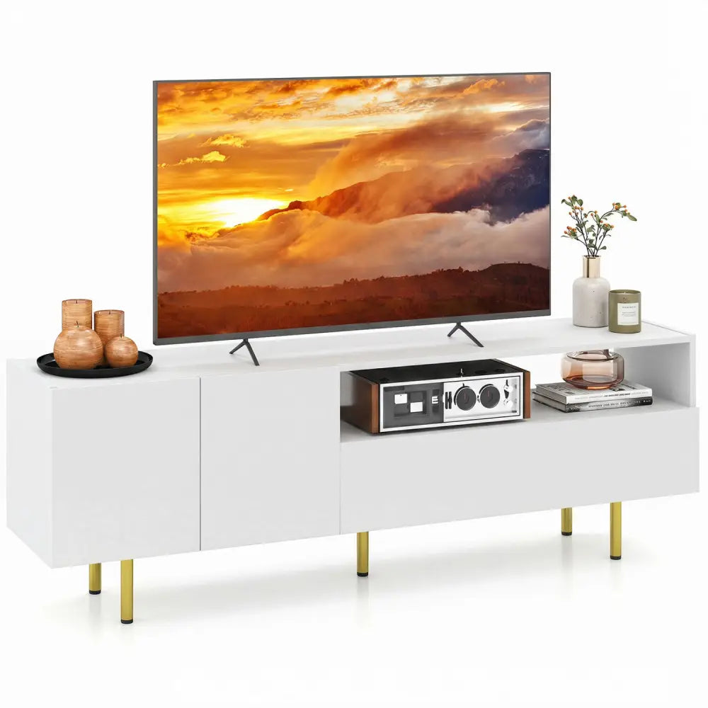 TV Stand for TVs up to 70’’ with Storage Cabinet and Raised Metal Legs-White - White - Entertainment Centers & TV Stands