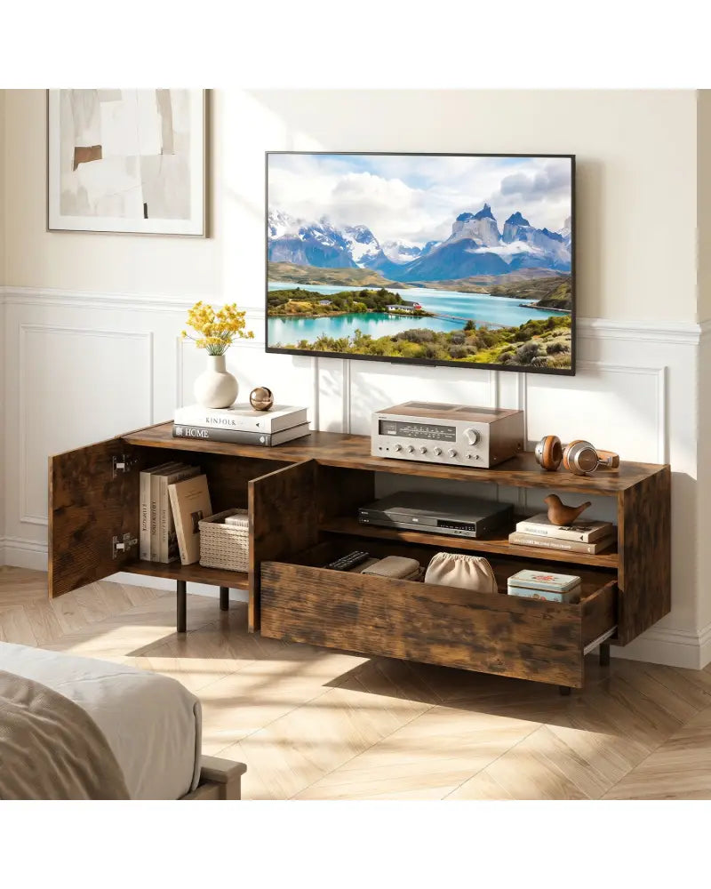 TV Stand for TVs up to 70’’ with Storage Cabinet and Raised Metal Legs-Rustic Brown - Rustic Brown - Entertainment
