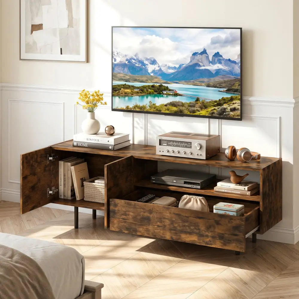 TV Stand for TVs up to 70’’ with Storage Cabinet and Raised Metal Legs-Rustic Brown - Rustic Brown - Entertainment