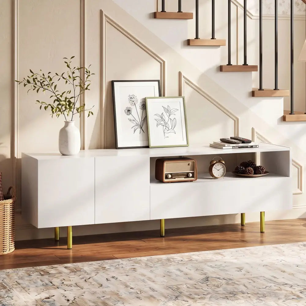 TV Stand for TVs up to 70’’ with Storage Cabinet and Raised Metal Legs-White - White - Entertainment Centers & TV Stands
