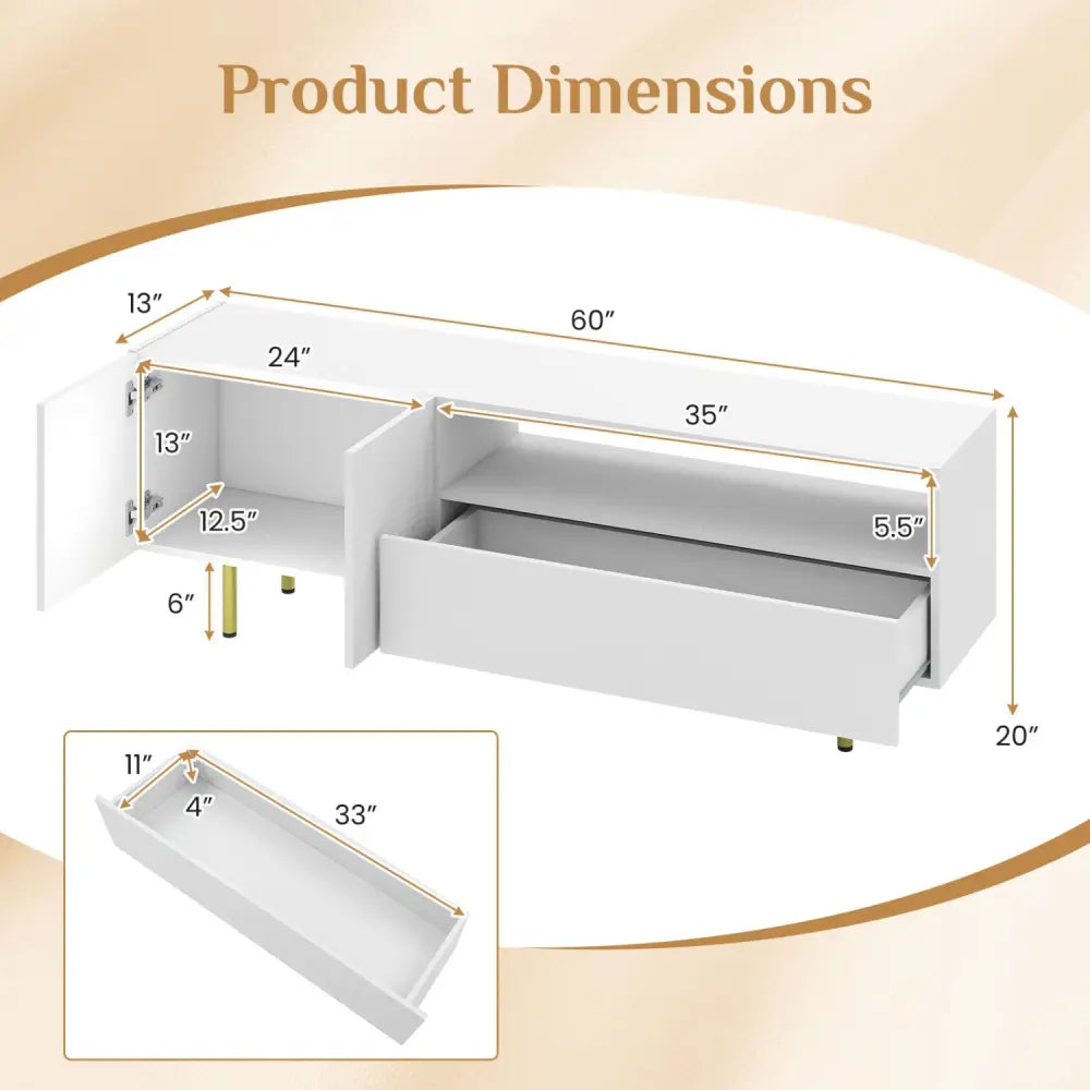 TV Stand for TVs up to 70’’ with Storage Cabinet and Raised Metal Legs-White - White - Entertainment Centers & TV Stands