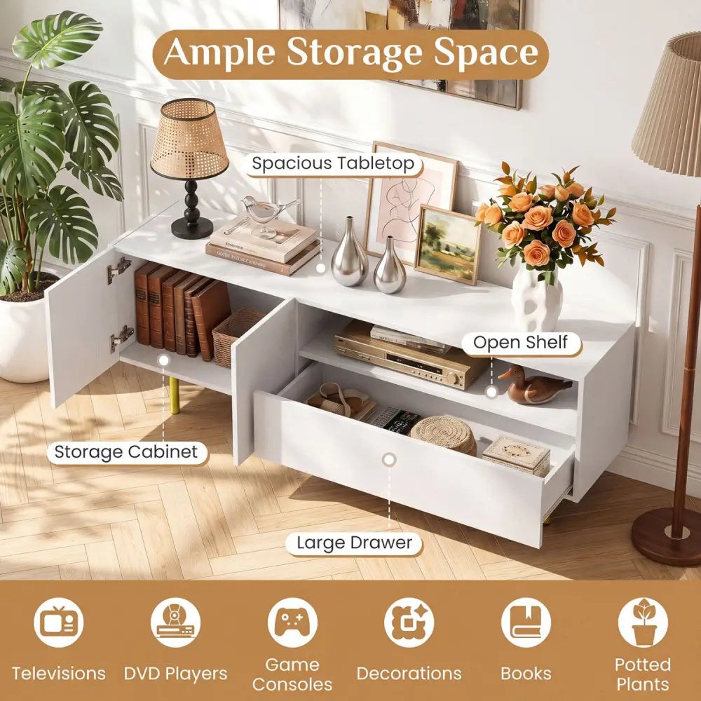 TV Stand for TVs up to 70’’ with Storage Cabinet and Raised Metal Legs-White - White - Entertainment Centers & TV Stands