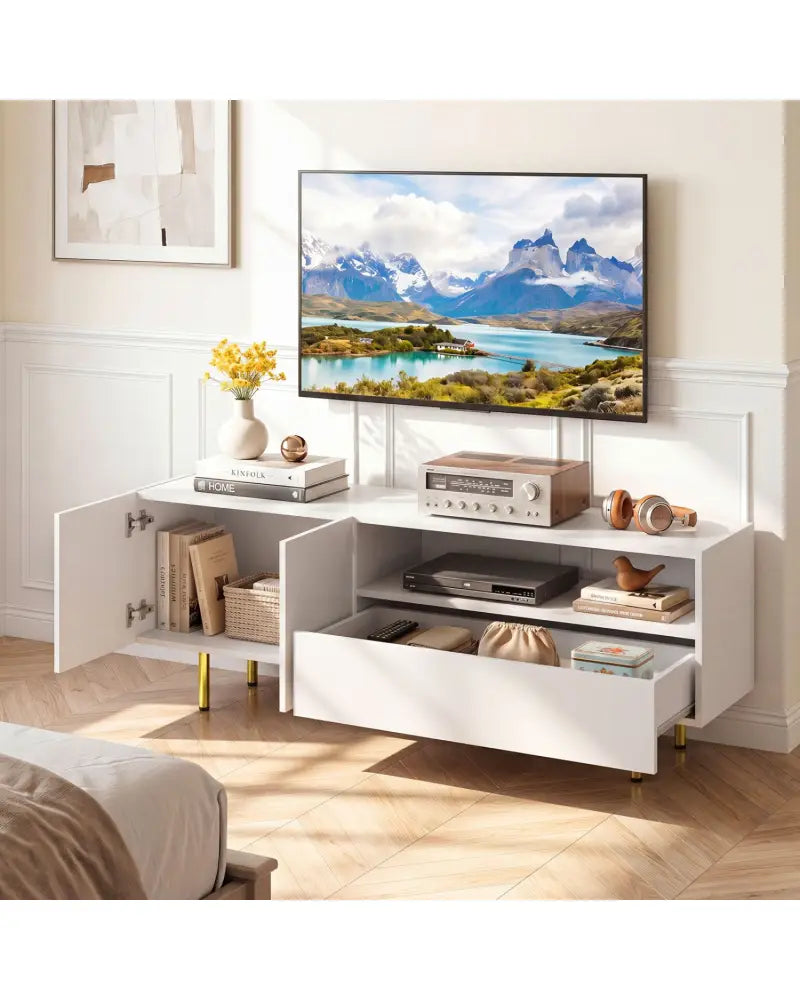 TV Stand for TVs up to 70’’ with Storage Cabinet and Raised Metal Legs-White - White - Entertainment Centers & TV Stands