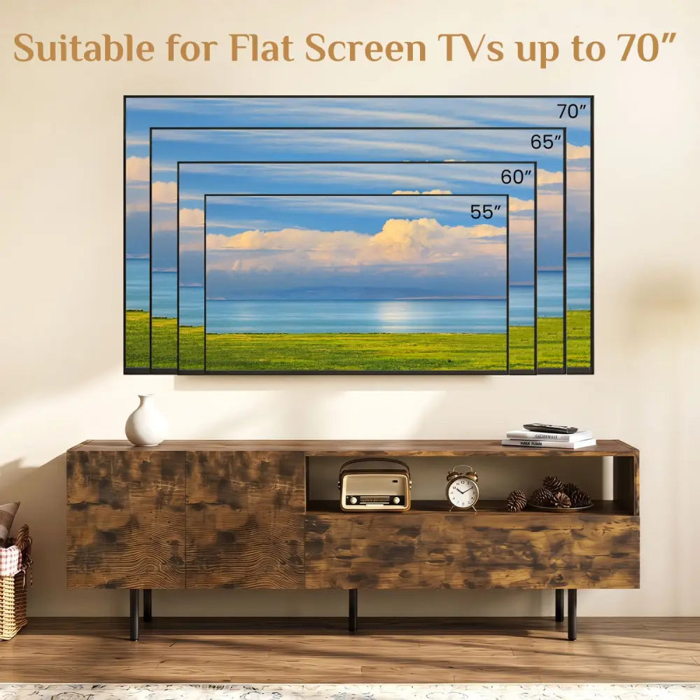 TV Stand for TVs up to 70’’ with Storage Cabinet and Raised Metal Legs-Rustic Brown - Rustic Brown - Entertainment