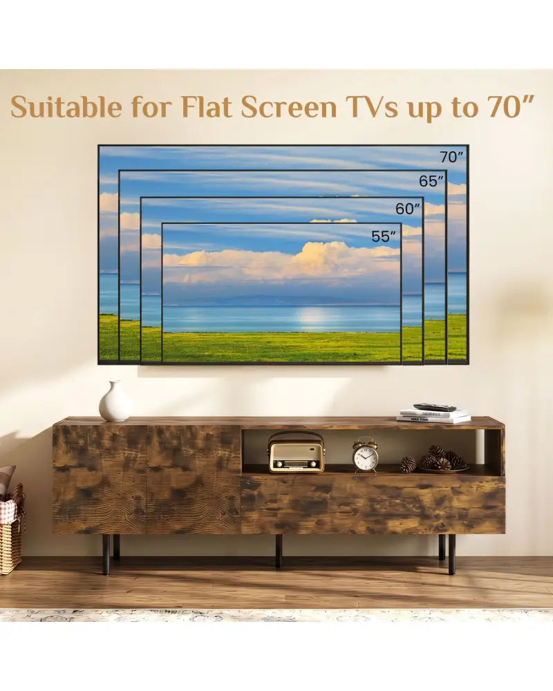TV Stand for TVs up to 70’’ with Storage Cabinet and Raised Metal Legs-Rustic Brown - Rustic Brown - Entertainment