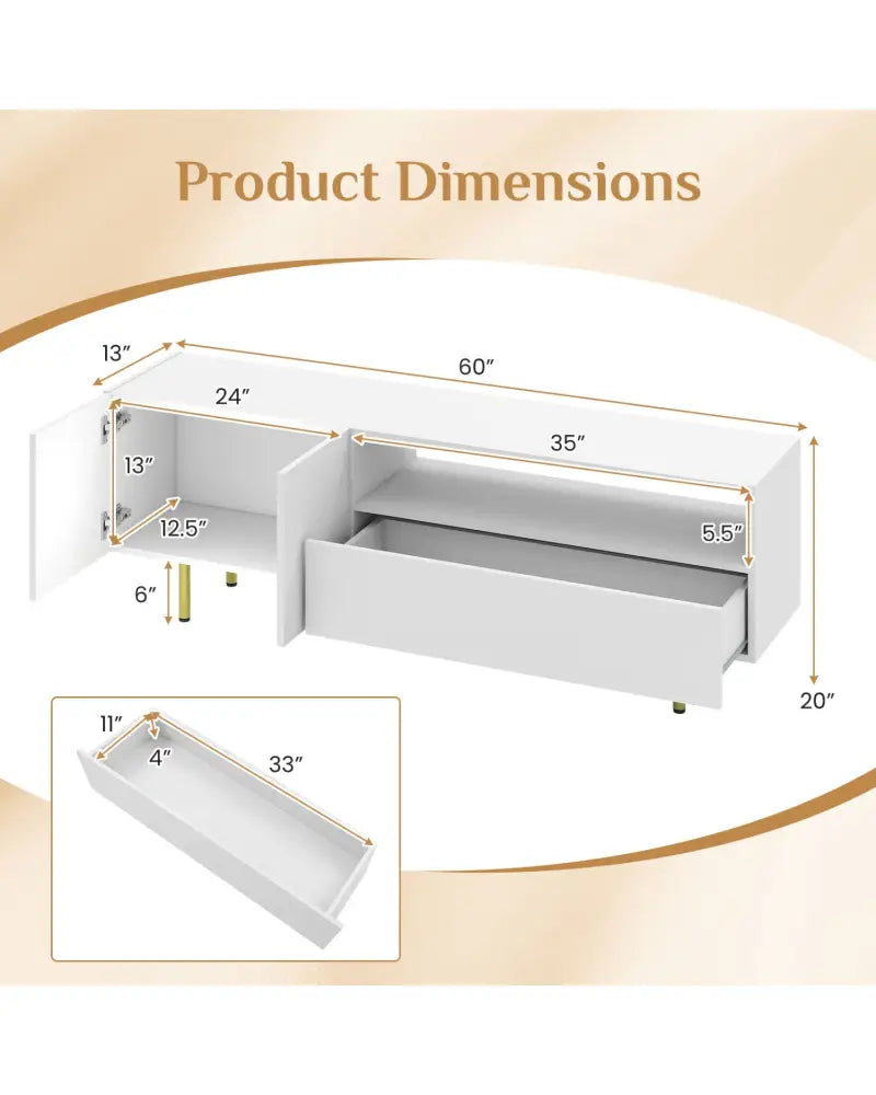 TV Stand for TVs up to 70’’ with Storage Cabinet and Raised Metal Legs-White - White - Entertainment Centers & TV Stands