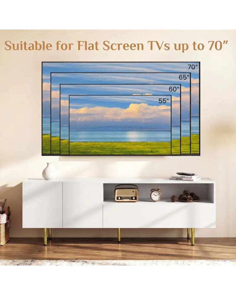 TV Stand for TVs up to 70’’ with Storage Cabinet and Raised Metal Legs-White - White - Entertainment Centers & TV Stands