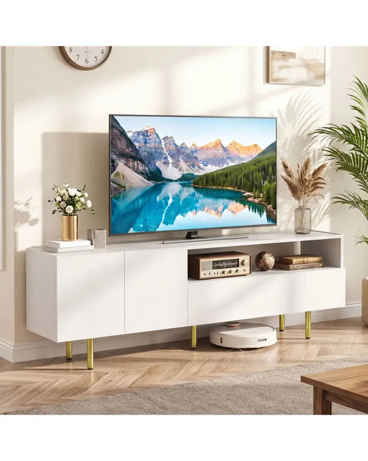 TV Stand for TVs up to 70’’ with Storage Cabinet and Raised Metal Legs-White - White - Entertainment Centers & TV Stands