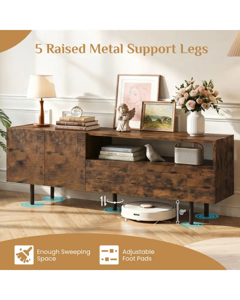 TV Stand for TVs up to 70’’ with Storage Cabinet and Raised Metal Legs-Rustic Brown - Rustic Brown - Entertainment