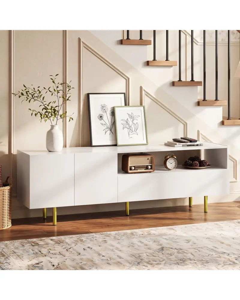 TV Stand for TVs up to 70’’ with Storage Cabinet and Raised Metal Legs-White - White - Entertainment Centers & TV Stands
