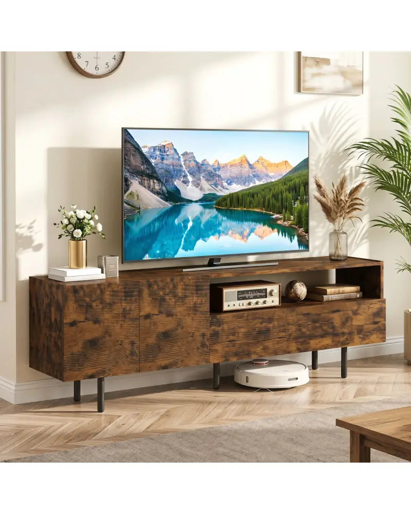TV Stand for TVs up to 70’’ with Storage Cabinet and Raised Metal Legs-Rustic Brown - Rustic Brown - Entertainment