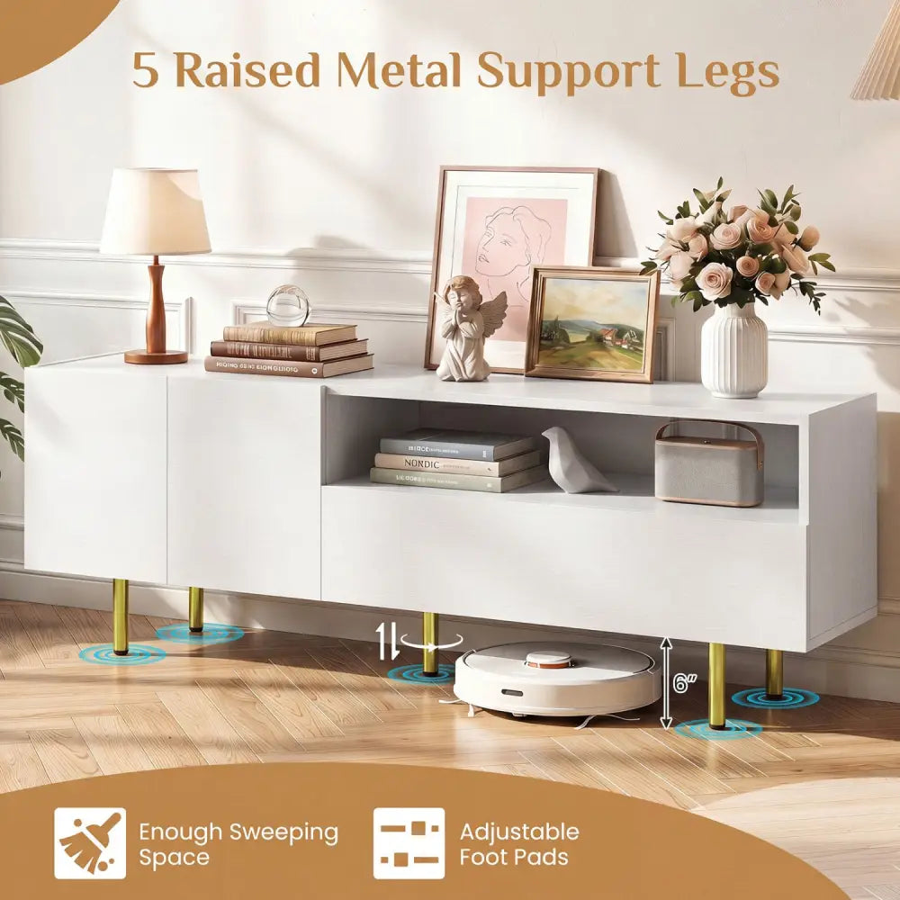 TV Stand for TVs up to 70’’ with Storage Cabinet and Raised Metal Legs-White - White - Entertainment Centers & TV Stands