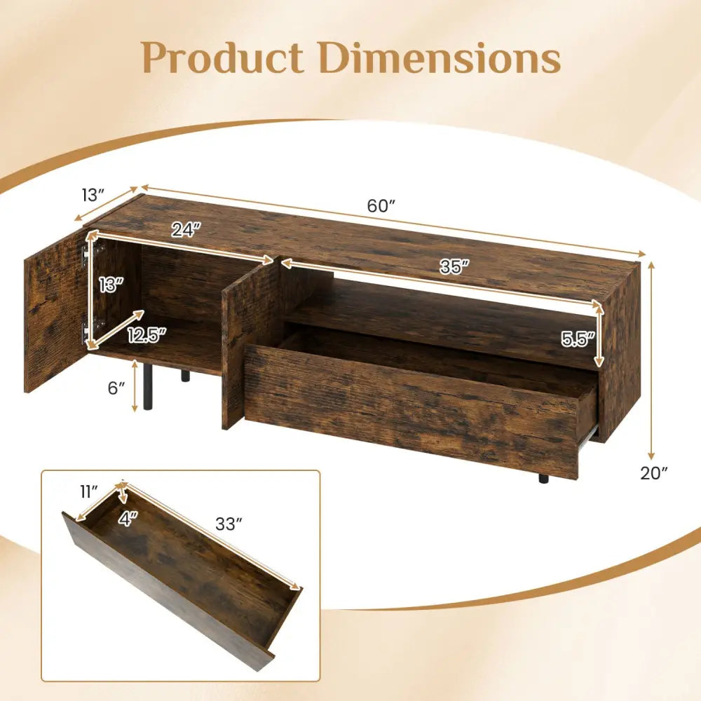 TV Stand for TVs up to 70’’ with Storage Cabinet and Raised Metal Legs-Rustic Brown - Rustic Brown - Entertainment
