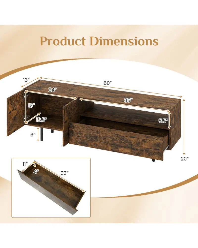 TV Stand for TVs up to 70’’ with Storage Cabinet and Raised Metal Legs-Rustic Brown - Rustic Brown - Entertainment