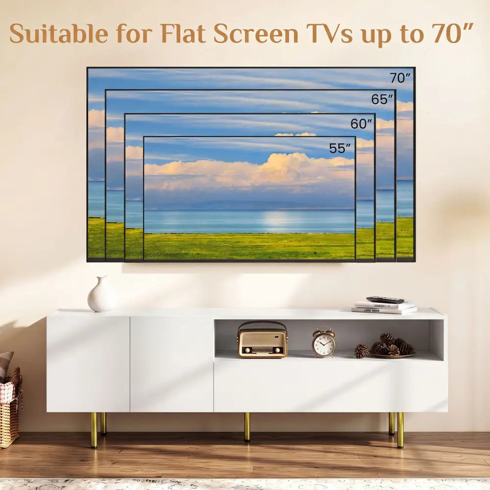 TV Stand for TVs up to 70’’ with Storage Cabinet and Raised Metal Legs-White - White - Entertainment Centers & TV Stands