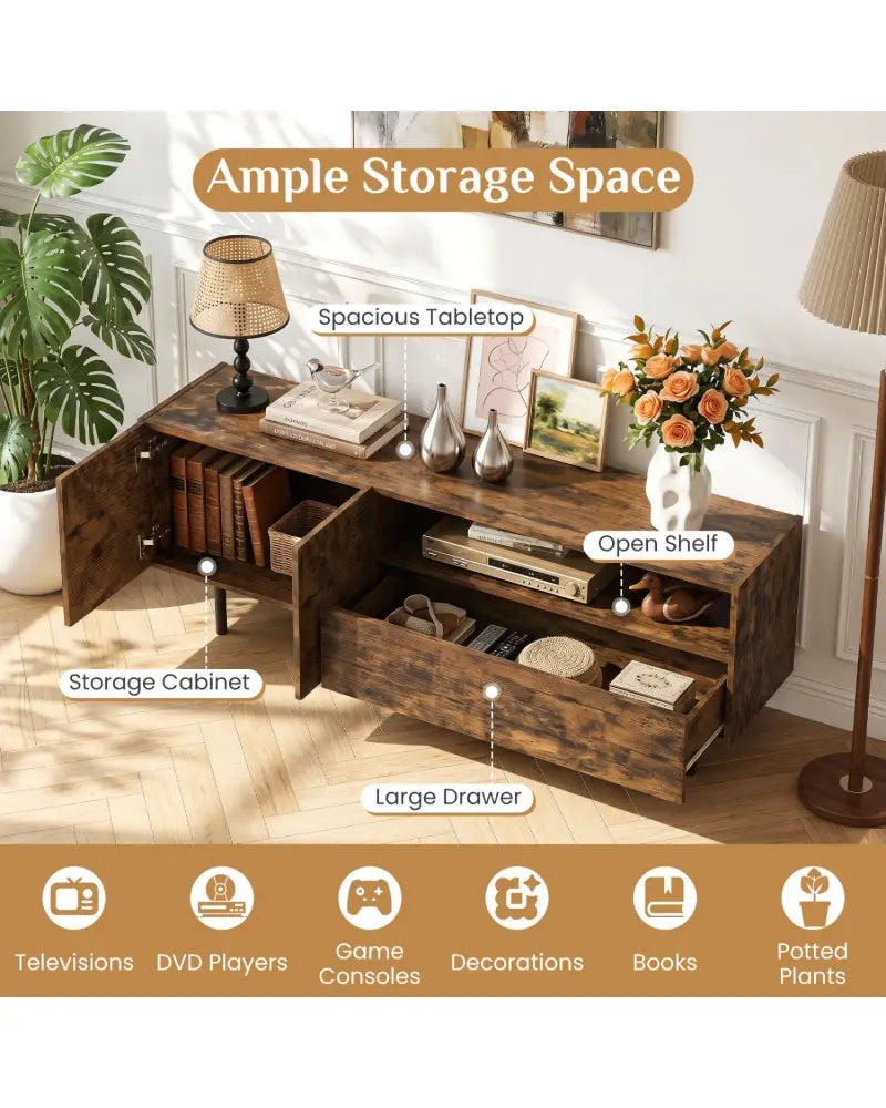 TV Stand for TVs up to 70’’ with Storage Cabinet and Raised Metal Legs-Rustic Brown - Rustic Brown - Entertainment