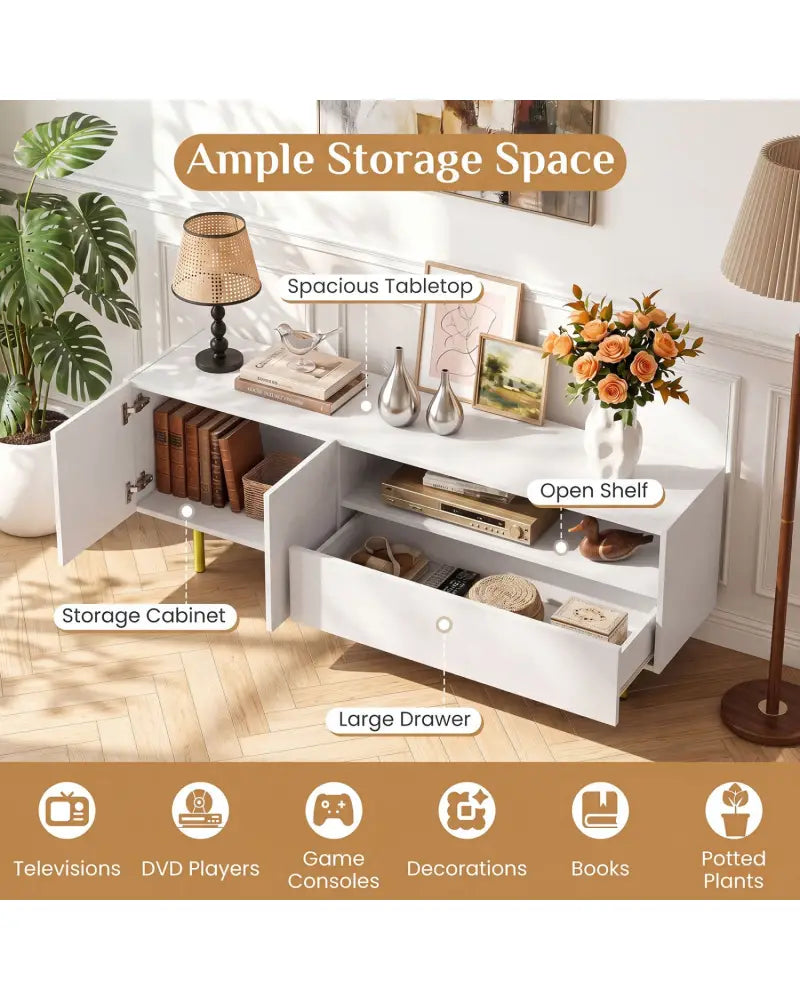 TV Stand for TVs up to 70’’ with Storage Cabinet and Raised Metal Legs-White - White - Entertainment Centers & TV Stands