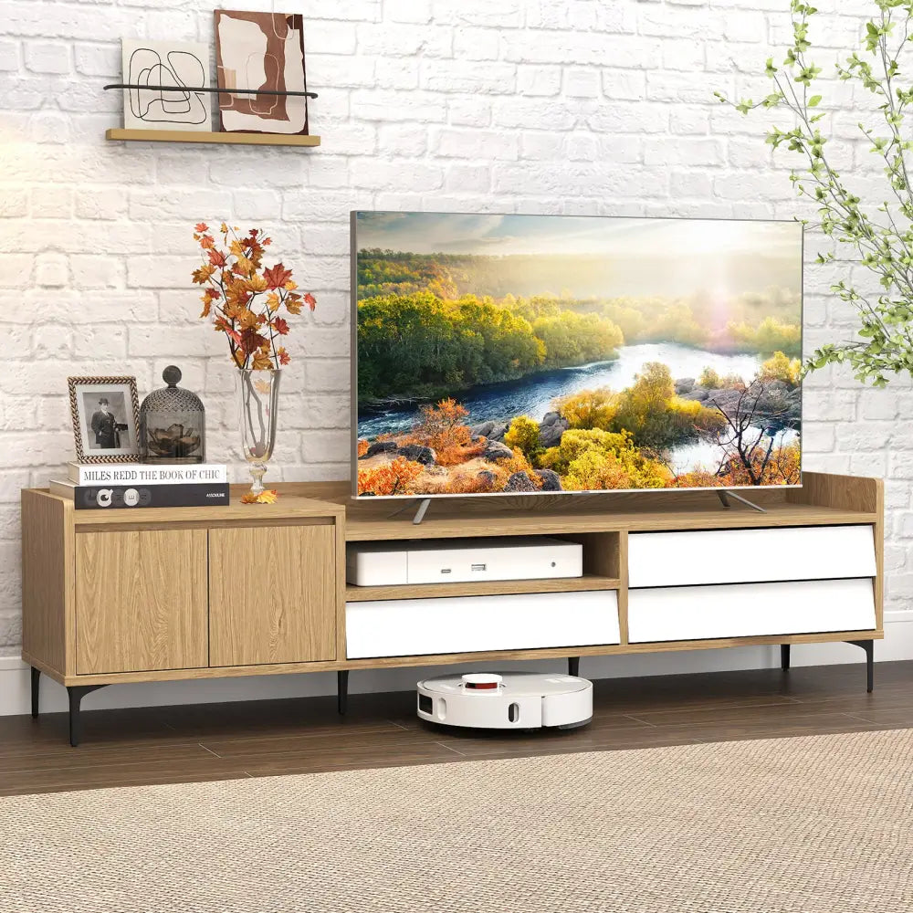 TV Stand for TVs up to 80 Inch Mid Century Modern Entertainment Center with Storage Cabinet-Natural - Natural