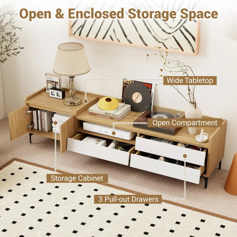 TV Stand for TVs up to 80 Inch Mid Century Modern Entertainment Center with Storage Cabinet-Natural - Natural