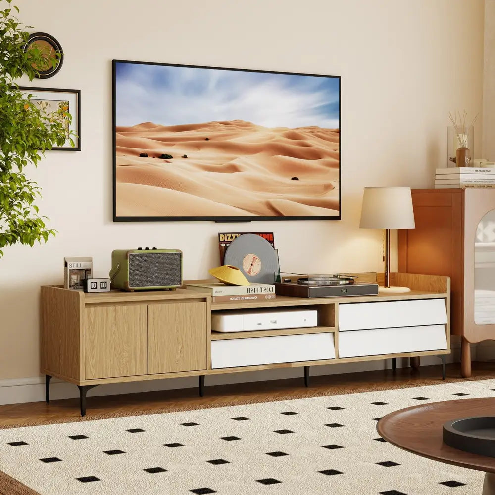 TV Stand for TVs up to 80 Inch Mid Century Modern Entertainment Center with Storage Cabinet-Natural - Natural