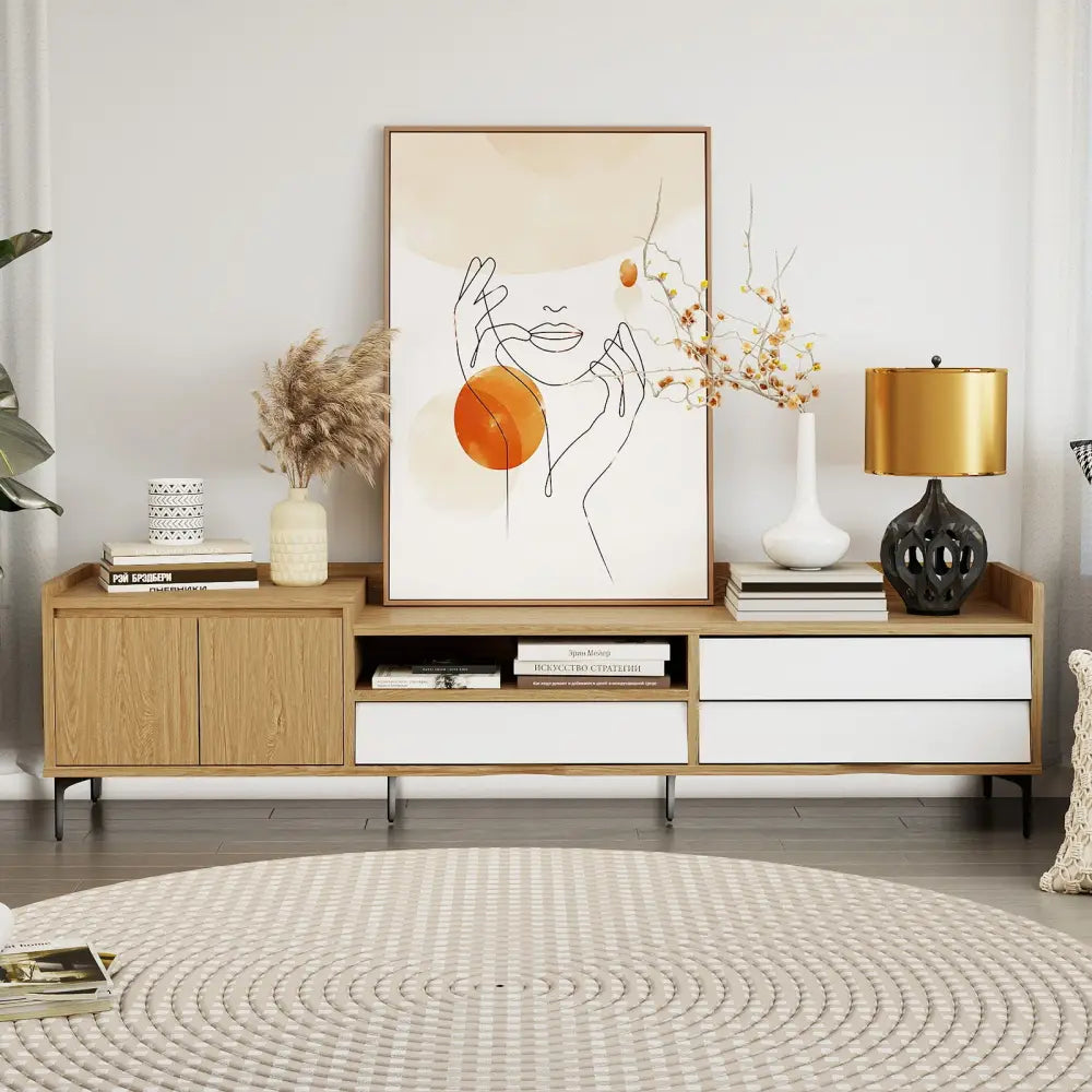 TV Stand for TVs up to 80 Inch Mid Century Modern Entertainment Center with Storage Cabinet-Natural - Natural