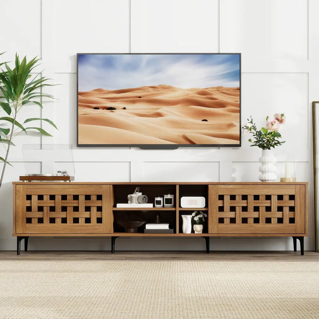 TV Stand for TVs up to 80’’ with 2 Doors and Storage Cabinets-Walnut - Walnut - Entertainment Centers & TV Stands