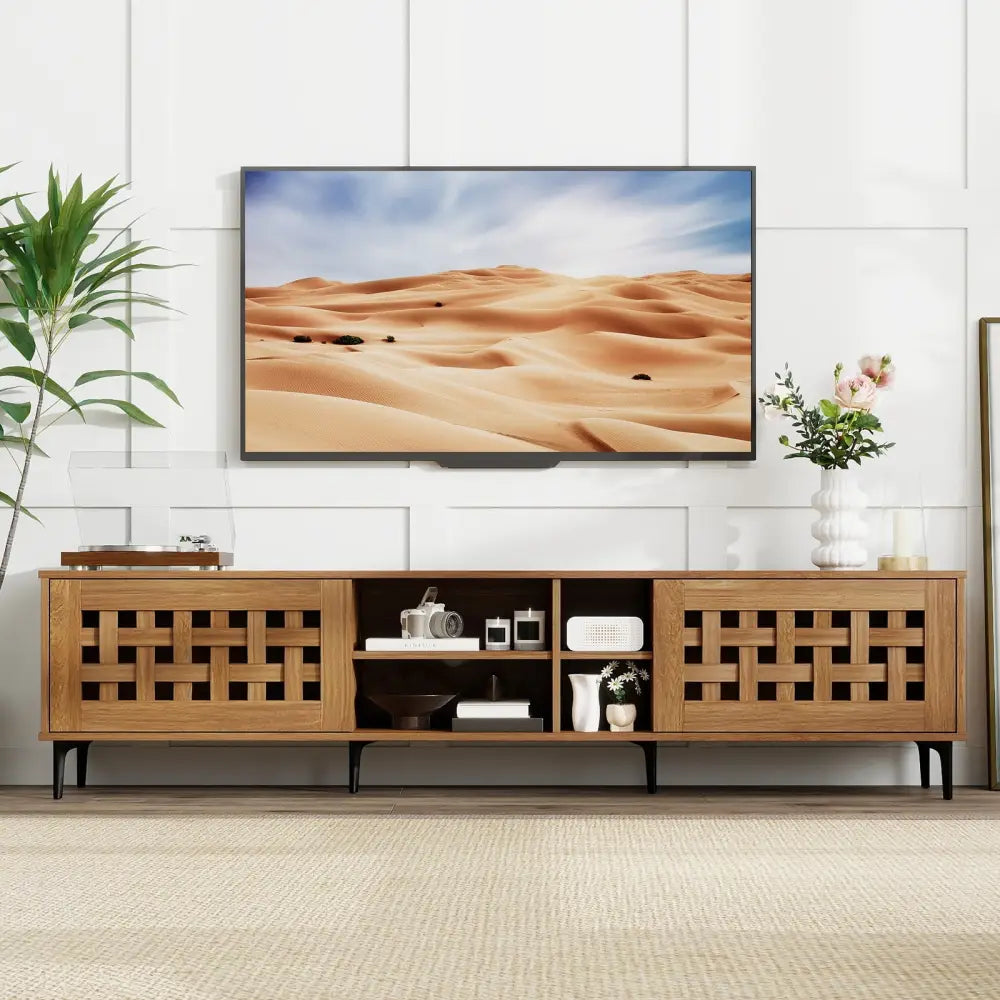 TV Stand for TVs up to 80’’ with 2 Doors and Storage Cabinets-Walnut - Walnut - Entertainment Centers & TV Stands