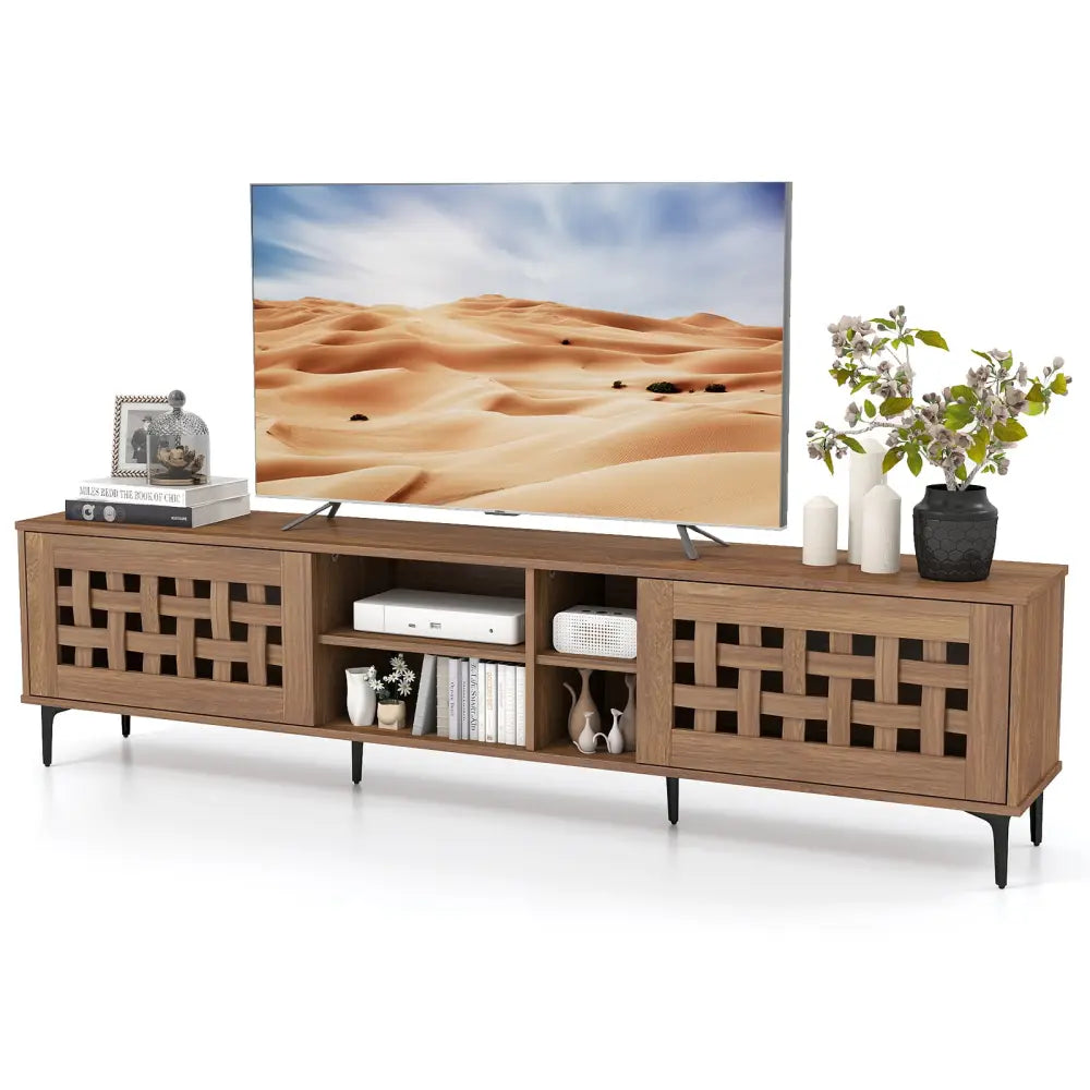 TV Stand for TVs up to 80’’ with 2 Doors and Storage Cabinets-Walnut - Walnut - Entertainment Centers & TV Stands
