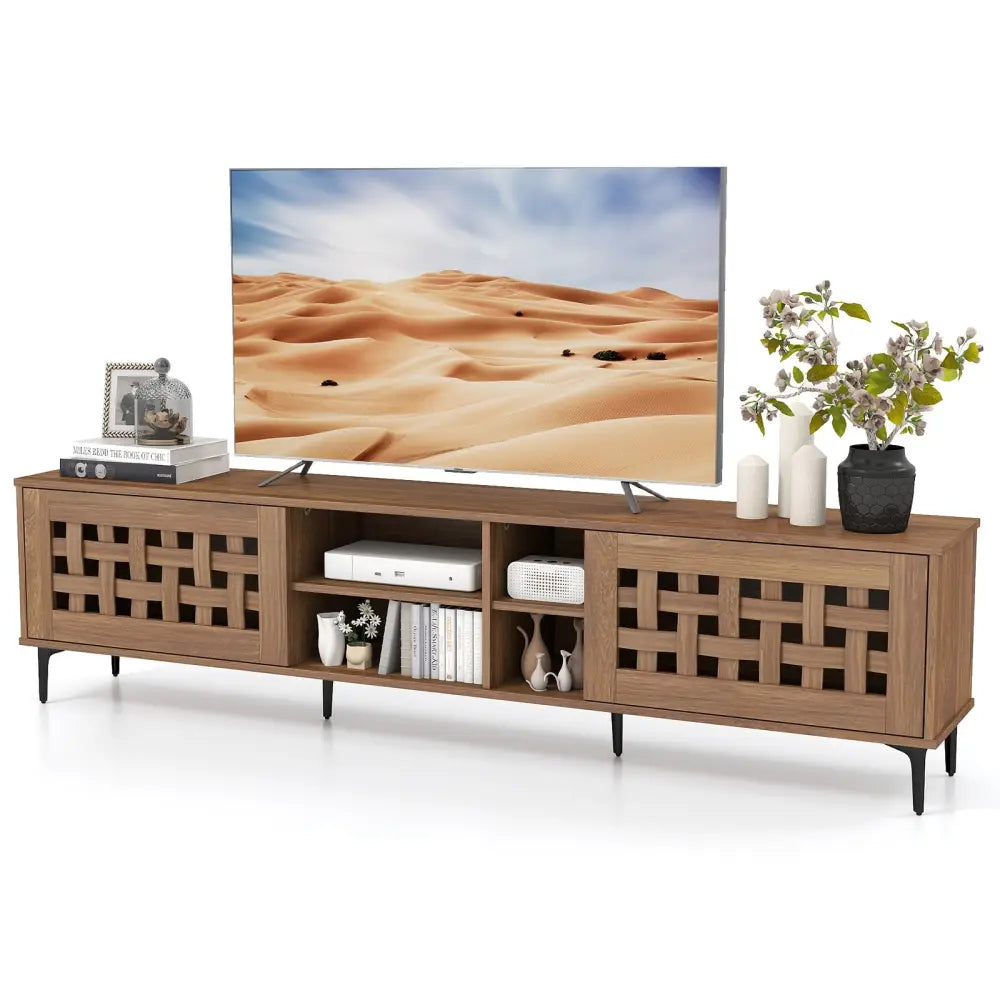 TV Stand for TVs up to 80’’ with 2 Doors and Storage Cabinets-Walnut - Walnut - Entertainment Centers & TV Stands