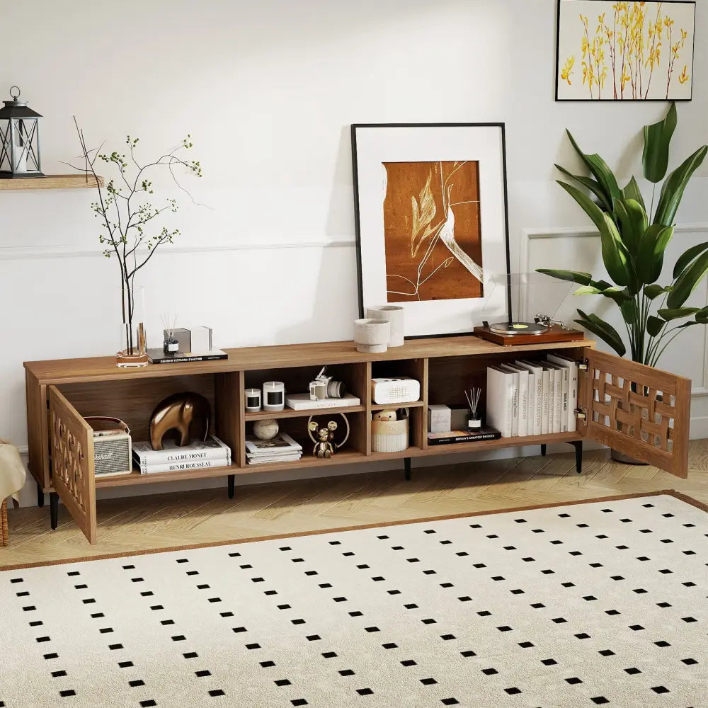 TV Stand for TVs up to 80’’ with 2 Doors and Storage Cabinets-Walnut - Walnut - Entertainment Centers & TV Stands