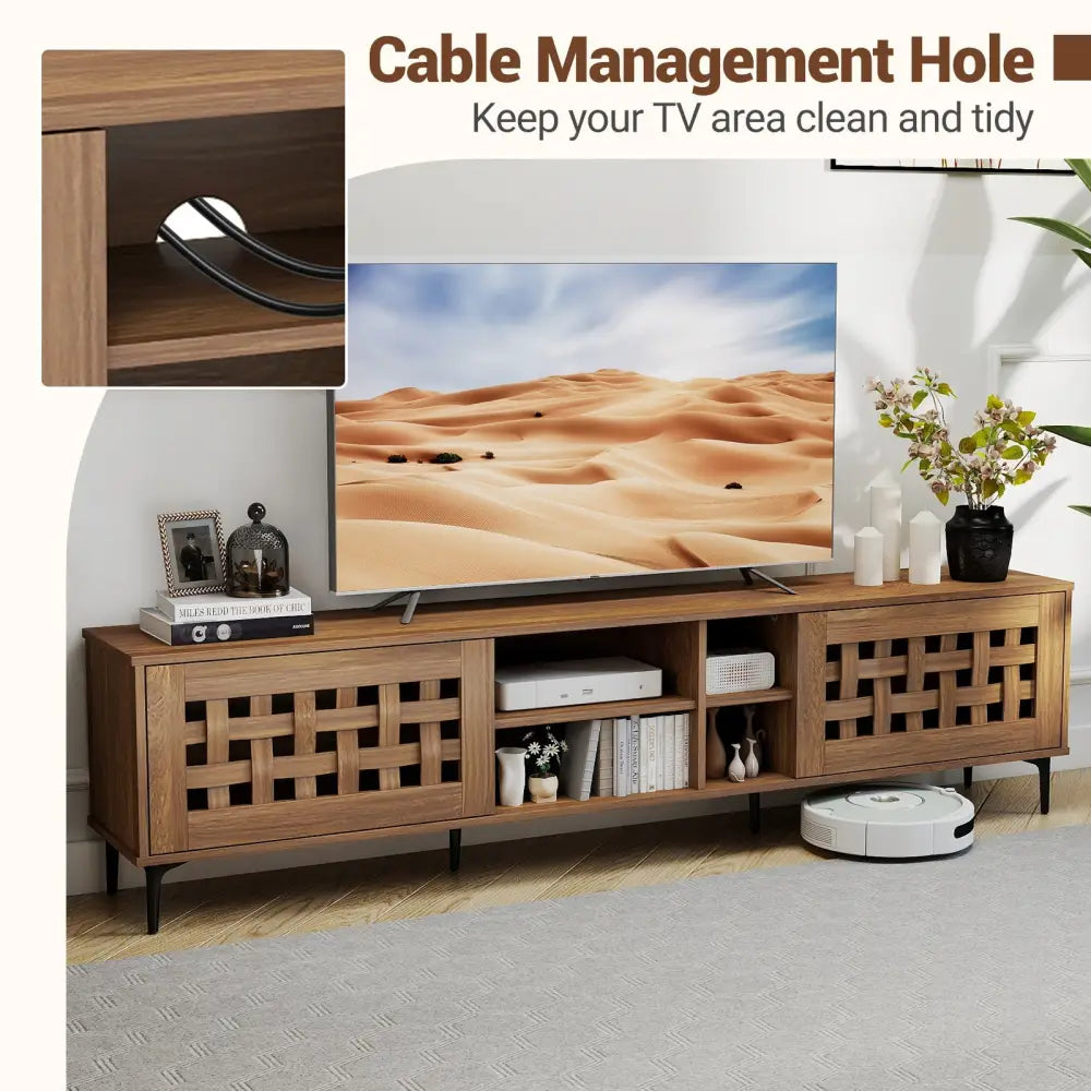 TV Stand for TVs up to 80’’ with 2 Doors and Storage Cabinets-Walnut - Walnut - Entertainment Centers & TV Stands