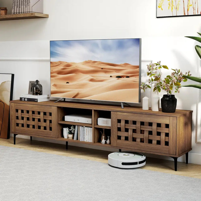 TV Stand for TVs up to 80’’ with 2 Doors and Storage Cabinets-Walnut - Walnut - Entertainment Centers & TV Stands