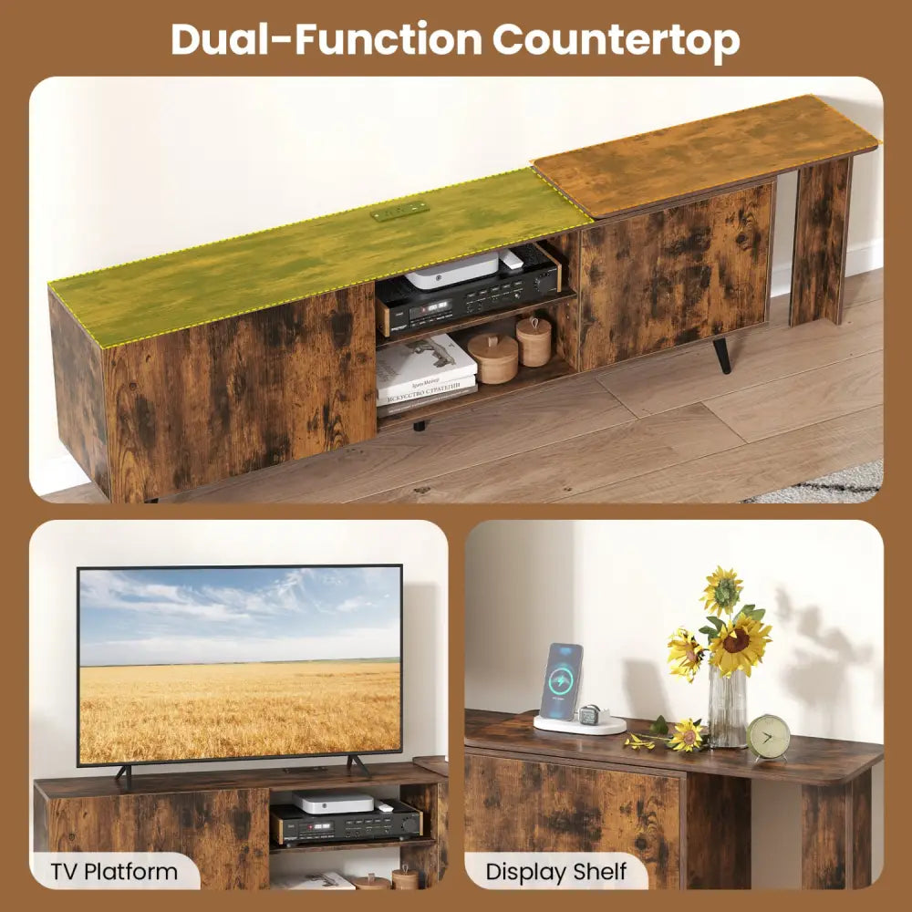 TV Stand for TVs up to 85 Inch with 2 Wall Shelves and Charging Station- Brown - Brown - Entertainment Centers & TV