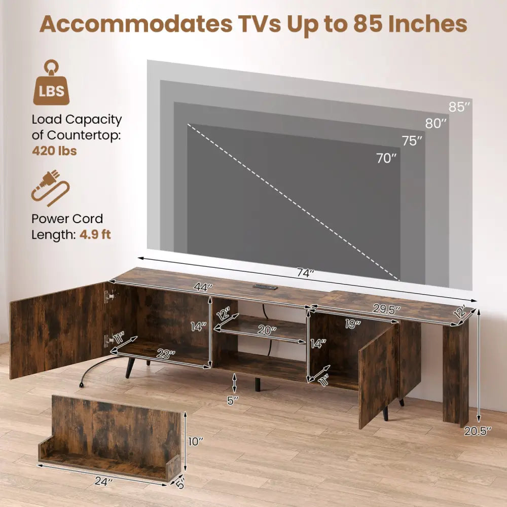 TV Stand for TVs up to 85 Inch with 2 Wall Shelves and Charging Station- Brown - Brown - Entertainment Centers & TV