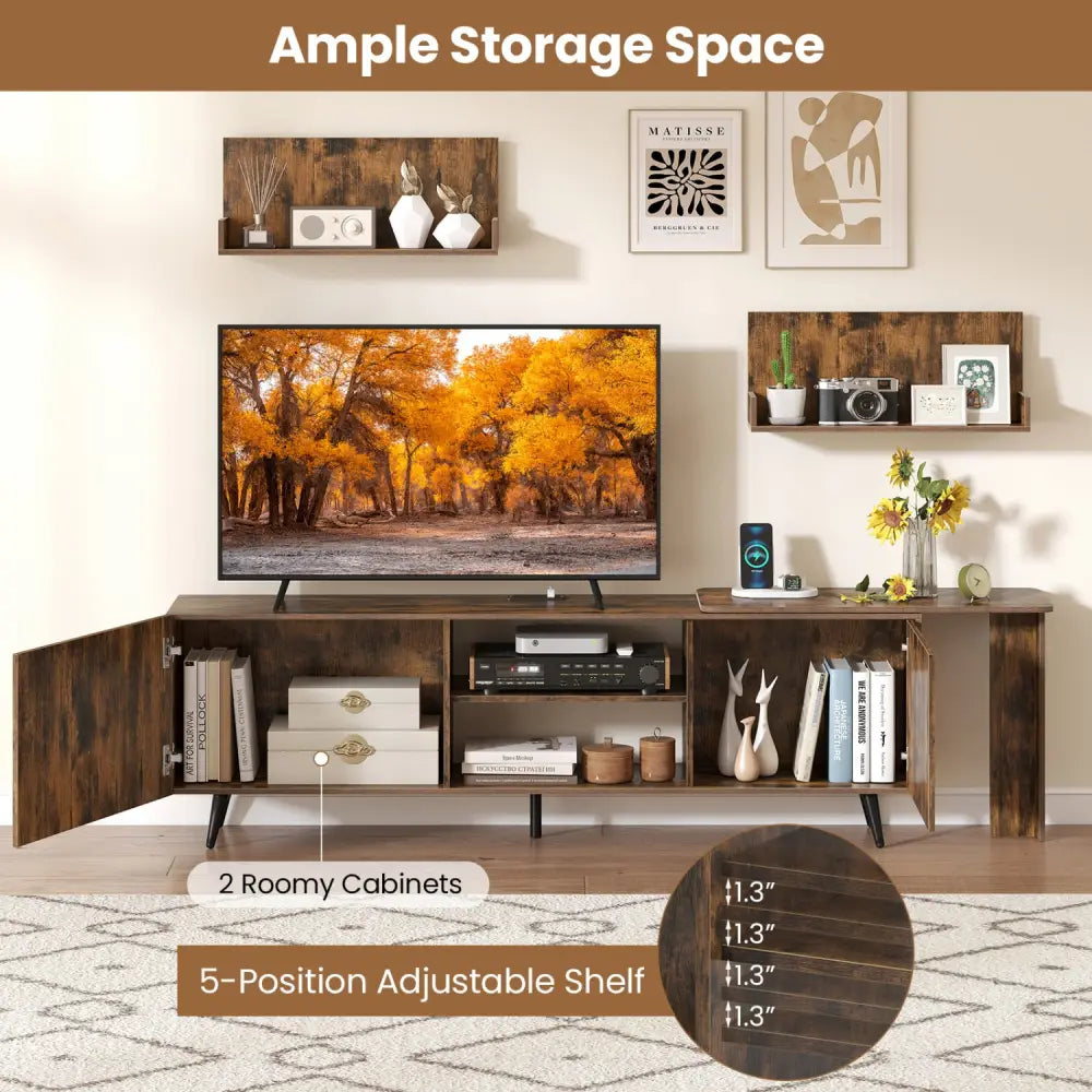 TV Stand for TVs up to 85 Inch with 2 Wall Shelves and Charging Station- Brown - Brown - Entertainment Centers & TV