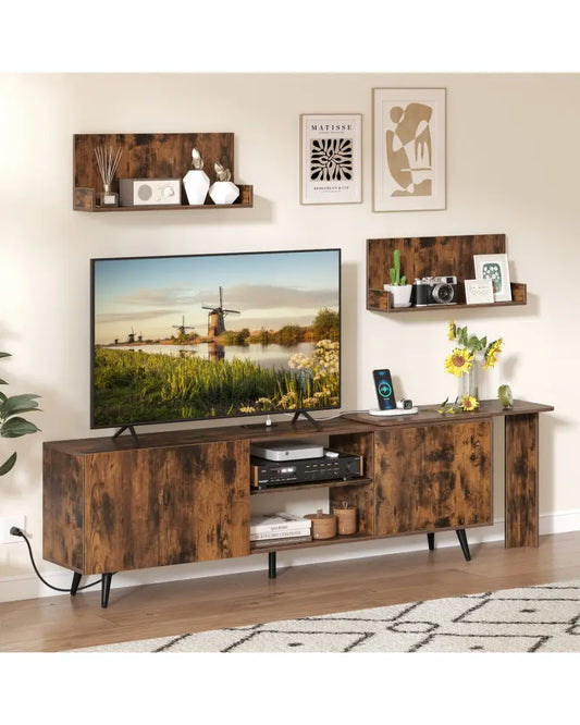 TV Stand for TVs up to 85 Inch with 2 Wall Shelves and Charging Station- Brown - Brown - Entertainment Centers & TV