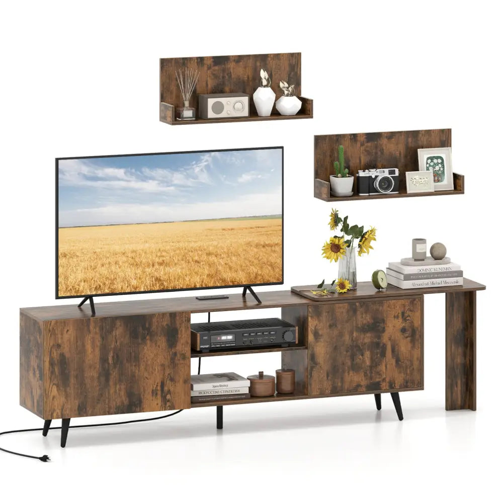 TV Stand for TVs up to 85 Inch with 2 Wall Shelves and Charging Station- Brown - Brown - Entertainment Centers & TV