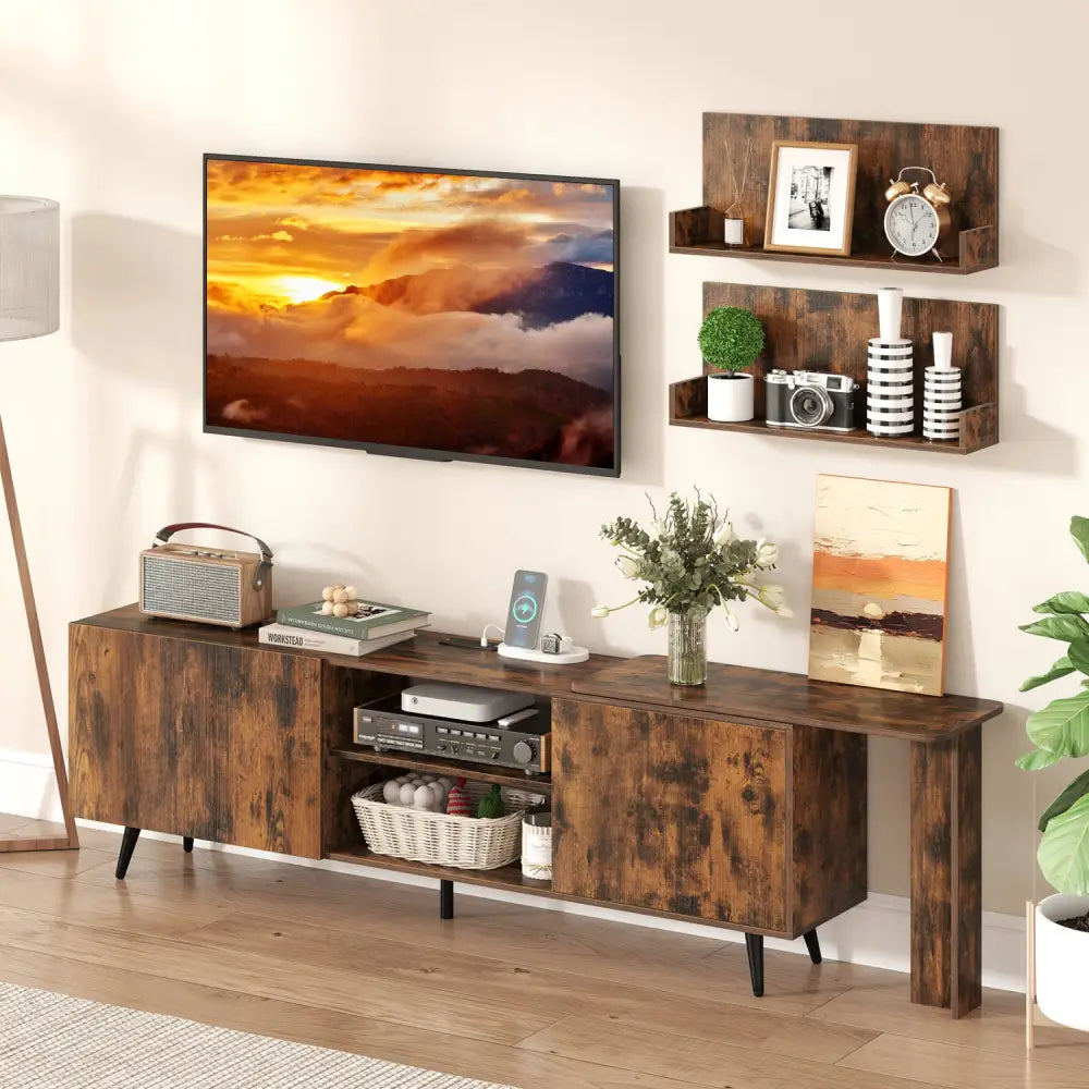 TV Stand for TVs up to 85 Inch with 2 Wall Shelves and Charging Station- Brown - Brown - Entertainment Centers & TV