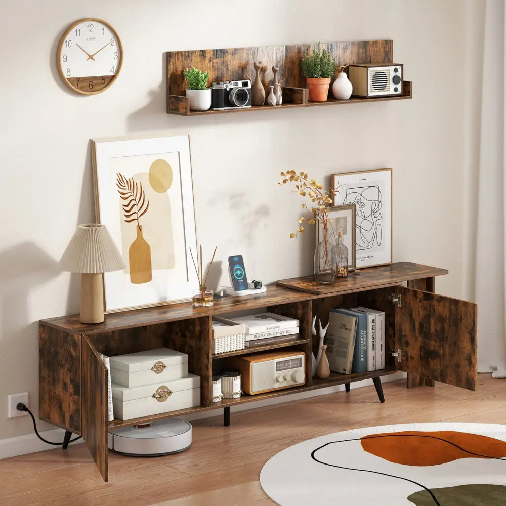 TV Stand for TVs up to 85 Inch with 2 Wall Shelves and Charging Station- Brown - Brown - Entertainment Centers & TV
