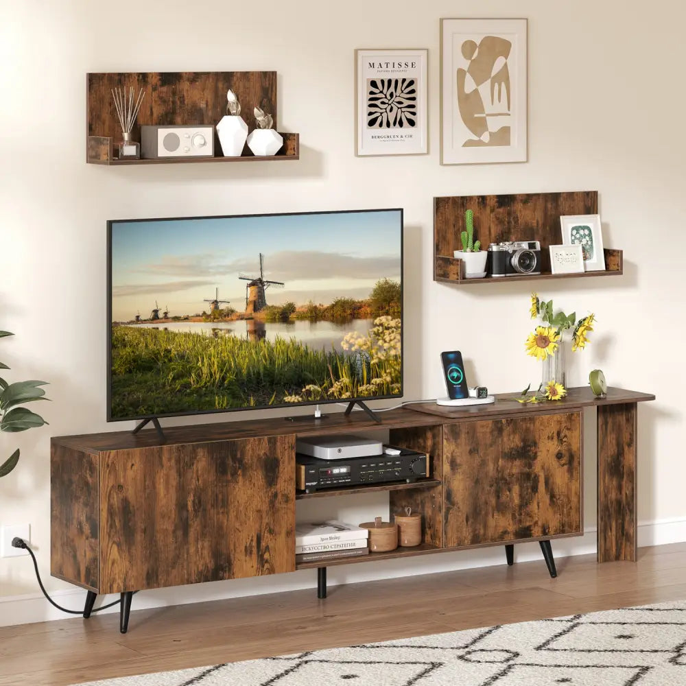 TV Stand for TVs up to 85 Inch with 2 Wall Shelves and Charging Station- Brown - Brown - Entertainment Centers & TV