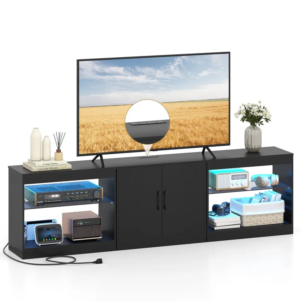 TV Stand for TVs up to 85 Inches LED Entertainment Center with Power Outlets-Black - Black - Entertainment Centers & TV