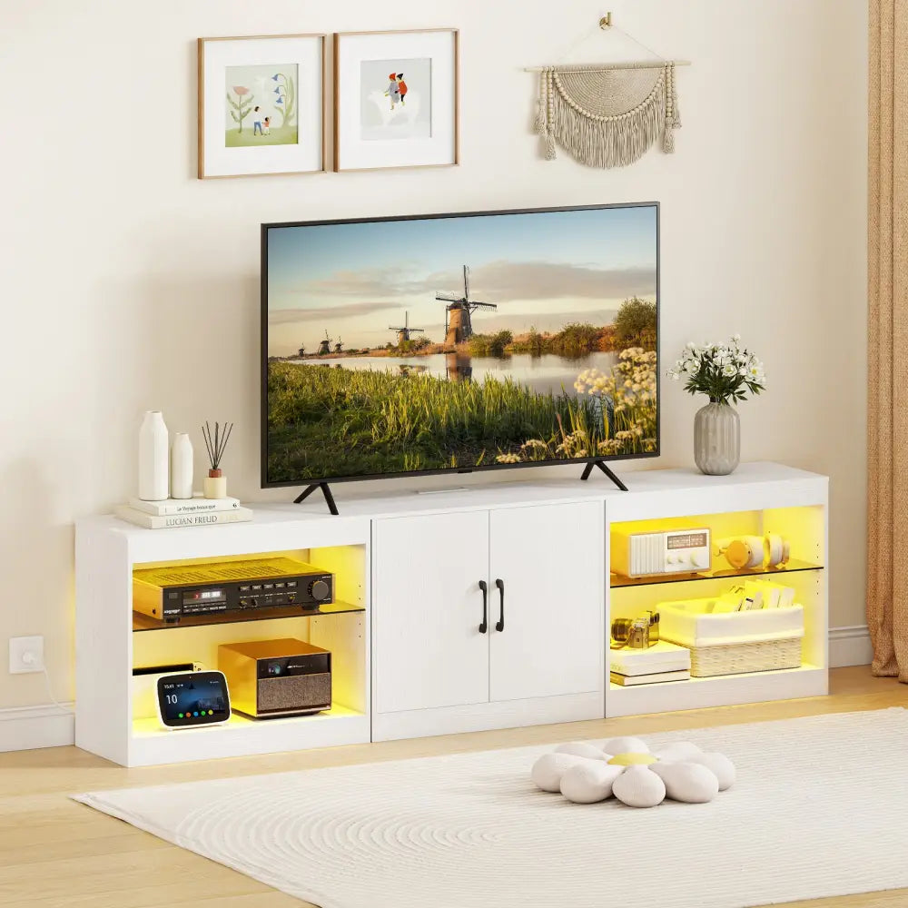 TV Stand for TVs up to 85 Inches LED Entertainment Center with Power Outlets-White - White - Entertainment Centers & TV