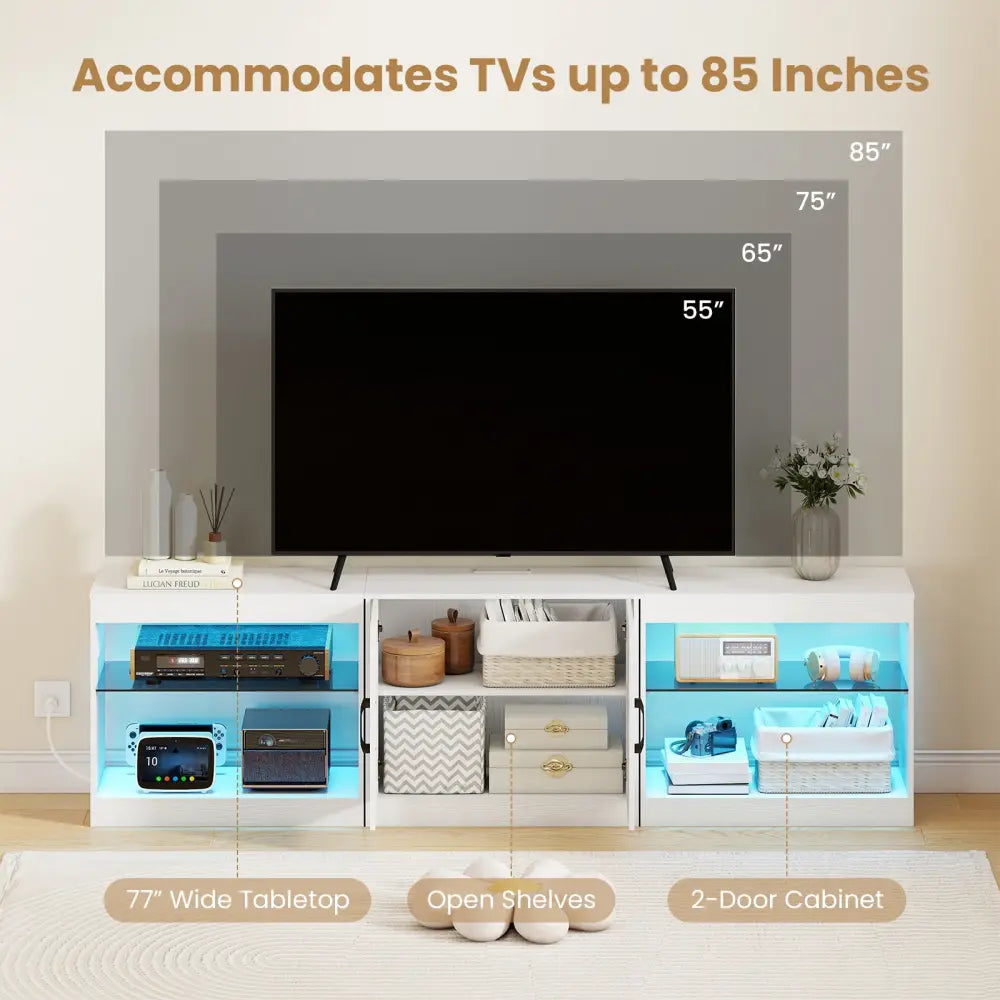 TV Stand for TVs up to 85 Inches LED Entertainment Center with Power Outlets-White - White - Entertainment Centers & TV