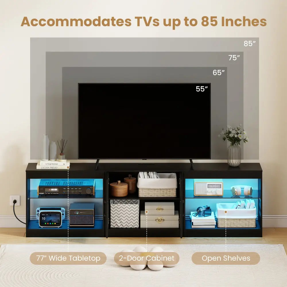 TV Stand for TVs up to 85 Inches LED Entertainment Center with Power Outlets-Black - Black - Entertainment Centers & TV