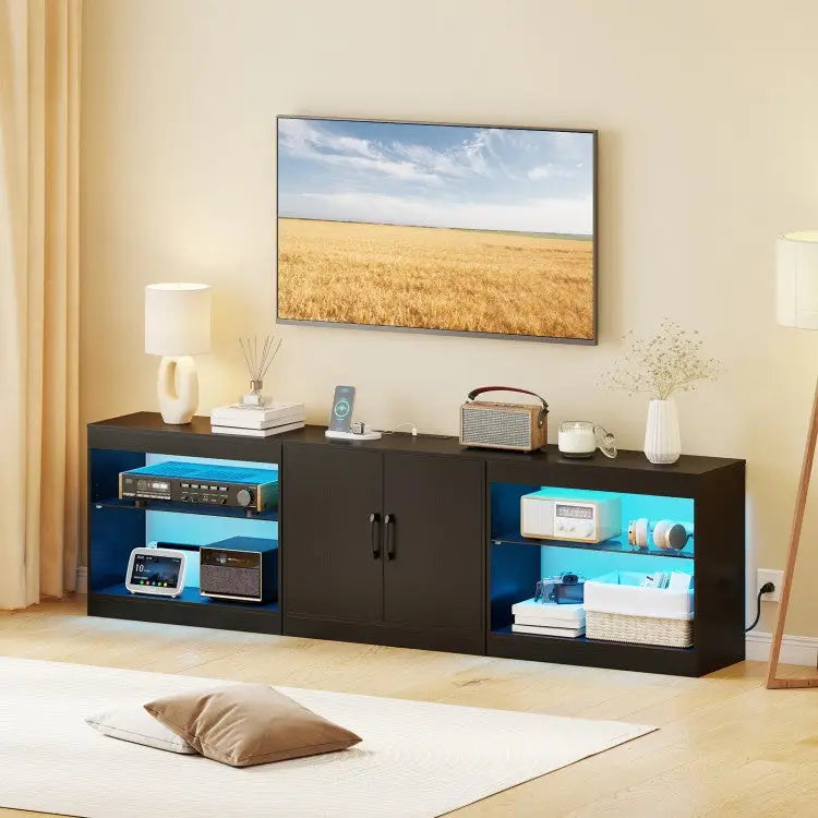 TV Stand for TVs up to 85 Inches LED Entertainment Center with Power Outlets-Black - Black - Entertainment Centers & TV