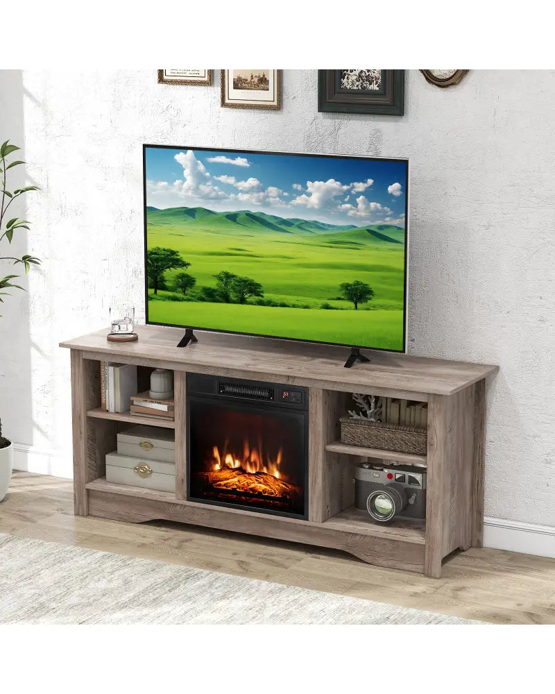 TV Stand for up to 65 Inch Flat Screen TVs with Adjustable Shelves for 18 Inch Electric Fireplace (Not Included)-Gray